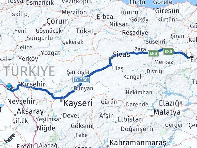 Aksaray Sarıyahşi Erzincan Arası Kaç Km - Yol Haritası
