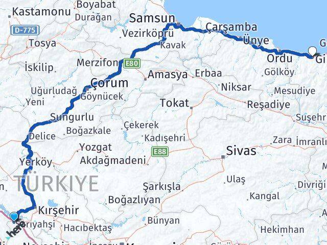 Aksaray Sarıyahşi Giresun Arası Kaç Km - Yol Haritası