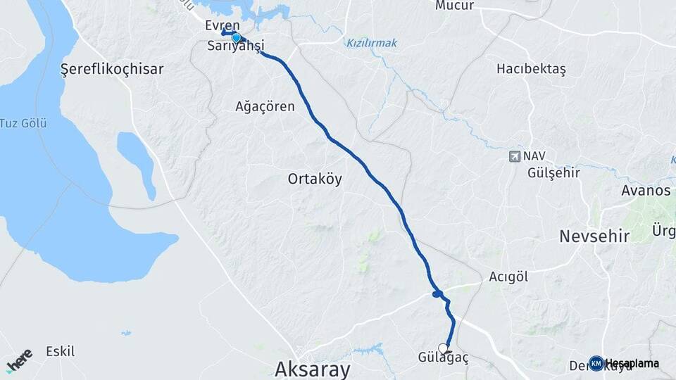 Aksaray Sarıyahşi Gülağaç Arası Kaç Km - Yol Haritası