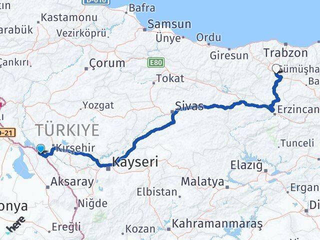 Aksaray Sarıyahşi Gümüşhane Arası Kaç Km - Yol Haritası