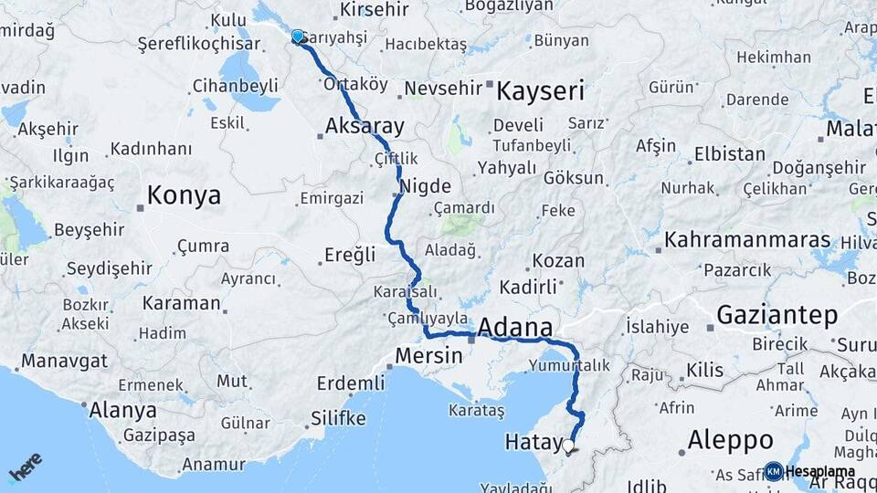 Aksaray Sarıyahşi Hatay Arası Kaç Km - Yol Haritası