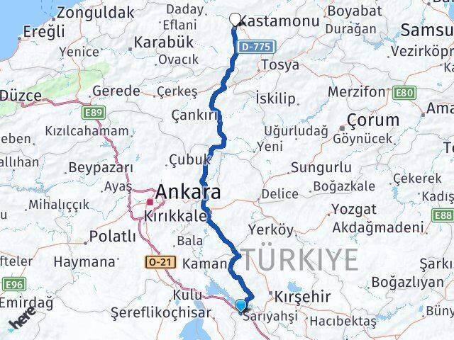 Aksaray Sarıyahşi Kastamonu Arası Kaç Km - Yol Haritası