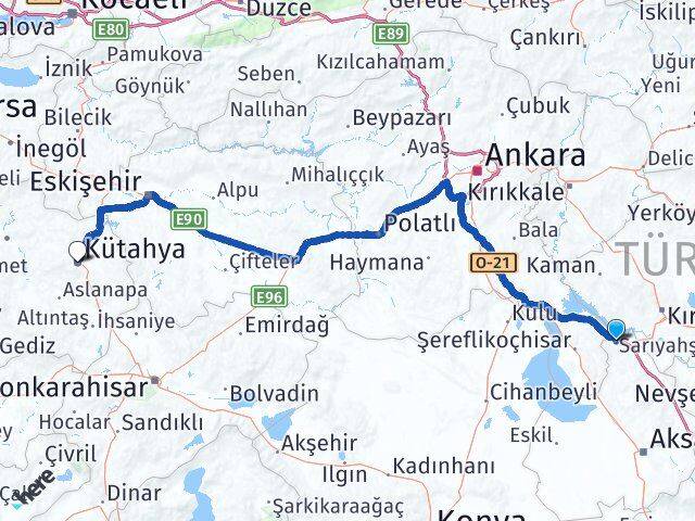 Aksaray Sarıyahşi Kütahya Arası Kaç Km - Yol Haritası