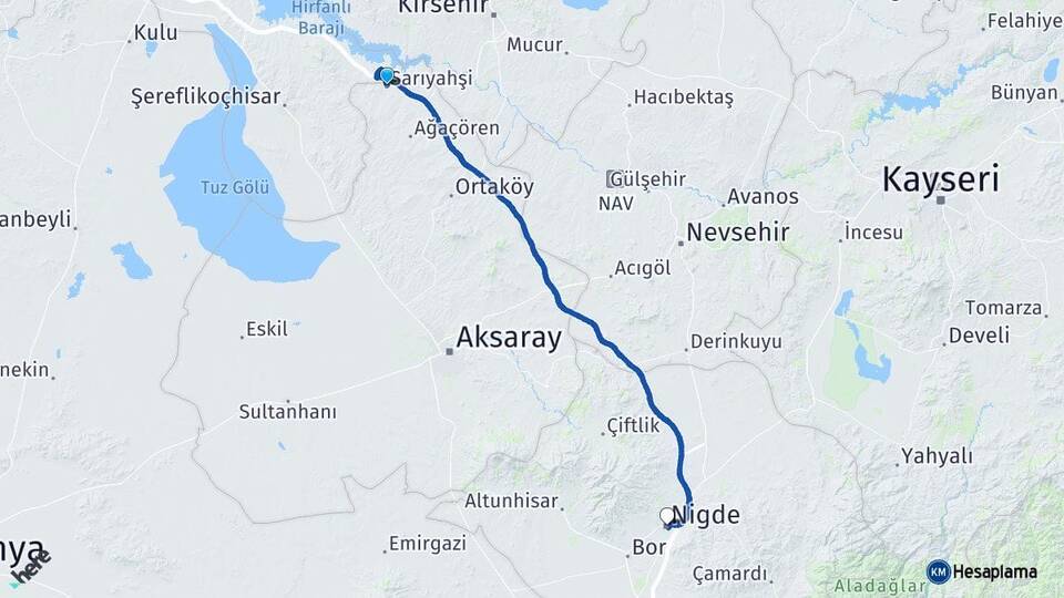 Aksaray Sarıyahşi Niğde Arası Kaç Km - Yol Haritası