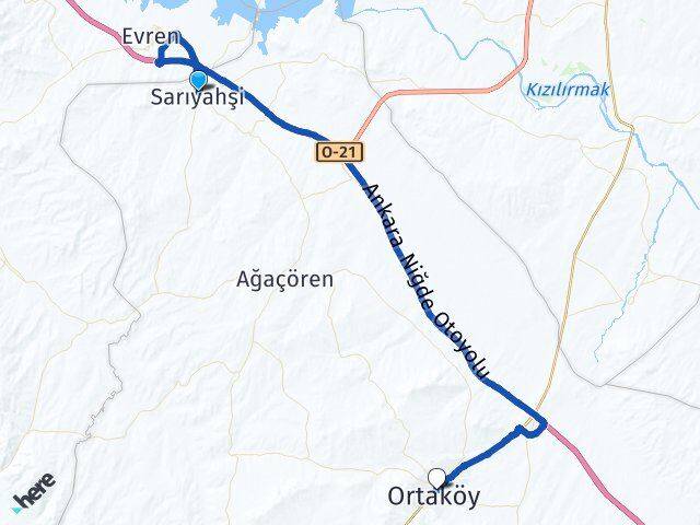 Aksaray Sarıyahşi Ortaköy Arası Kaç Km - Yol Haritası