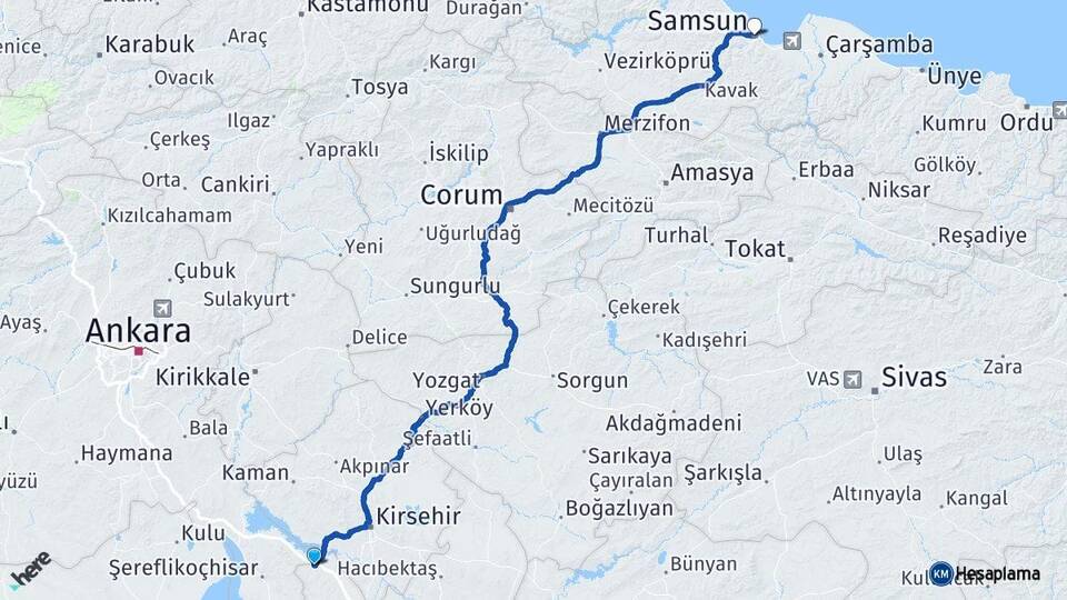 Aksaray Sarıyahşi Samsun Arası Kaç Km - Yol Haritası