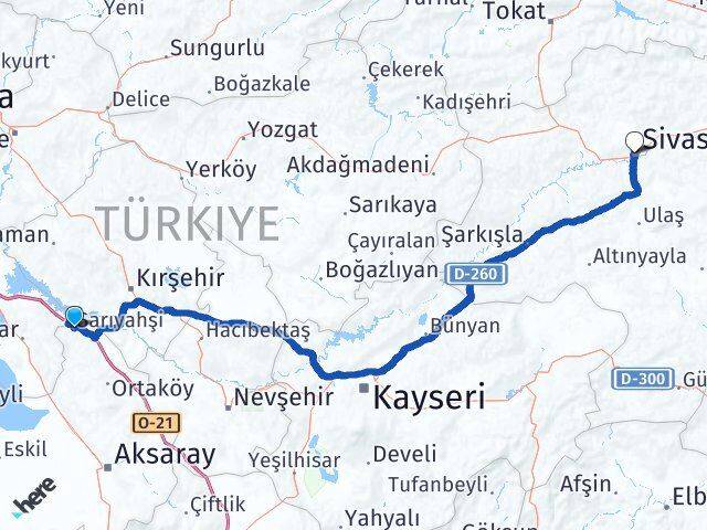 Aksaray Sarıyahşi Sivas Arası Kaç Km - Yol Haritası