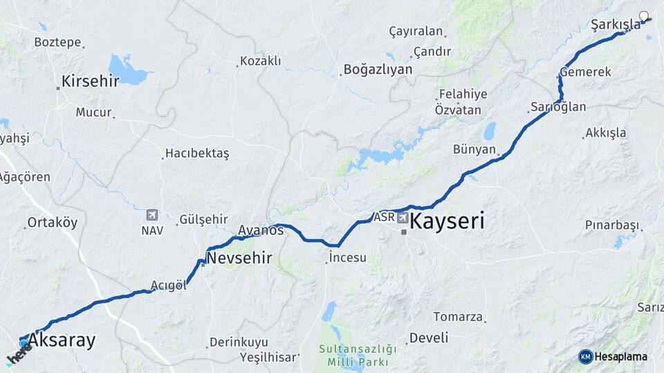 Aksaray Şarkışla Sivas Arası Kaç Km - Yol Haritası