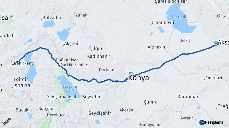 Aksaray Senirkent Isparta Arası Kaç Km - Yol Haritası