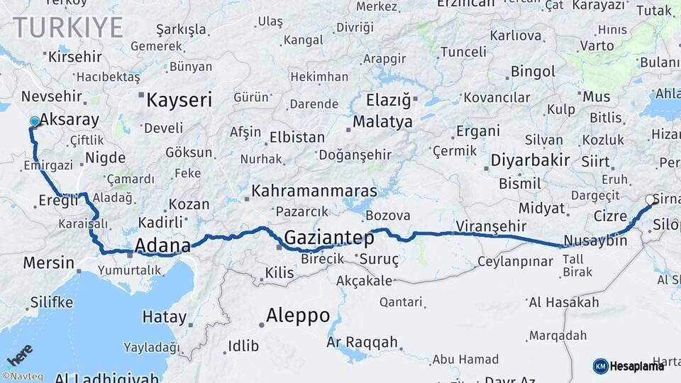 Aksaray Şırnak Arası Kaç Km - Yol Haritası