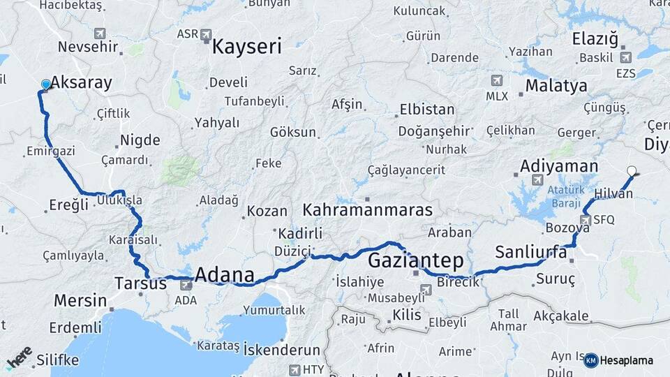 Aksaray Siverek Şanlıurfa Arası Kaç Km - Yol Haritası