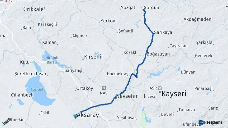 Aksaray Sorgun Yozgat Arası Kaç Km - Yol Haritası
