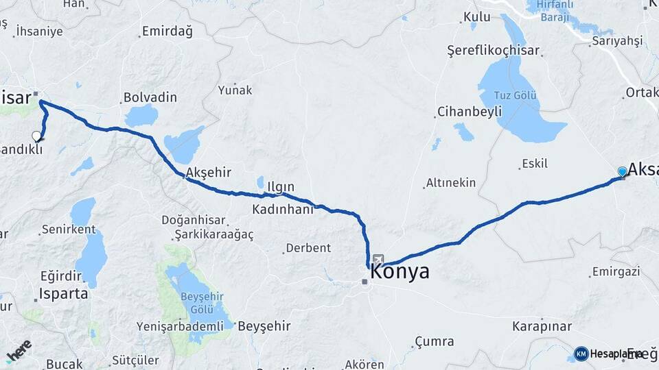 Aksaray Şuhut Afyonkarahisar Arası Kaç Km - Yol Haritası