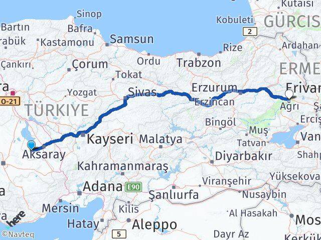 Aksaray Sultanhanı Ağrı Arası Kaç Km - Yol Haritası