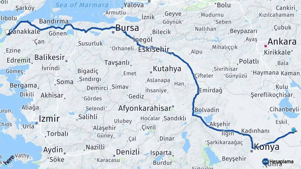 Aksaray Sultanhanı Çanakkale Arası Kaç Km - Yol Haritası