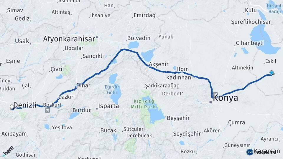 Aksaray Sultanhanı Denizli Arası Kaç Km - Yol Haritası