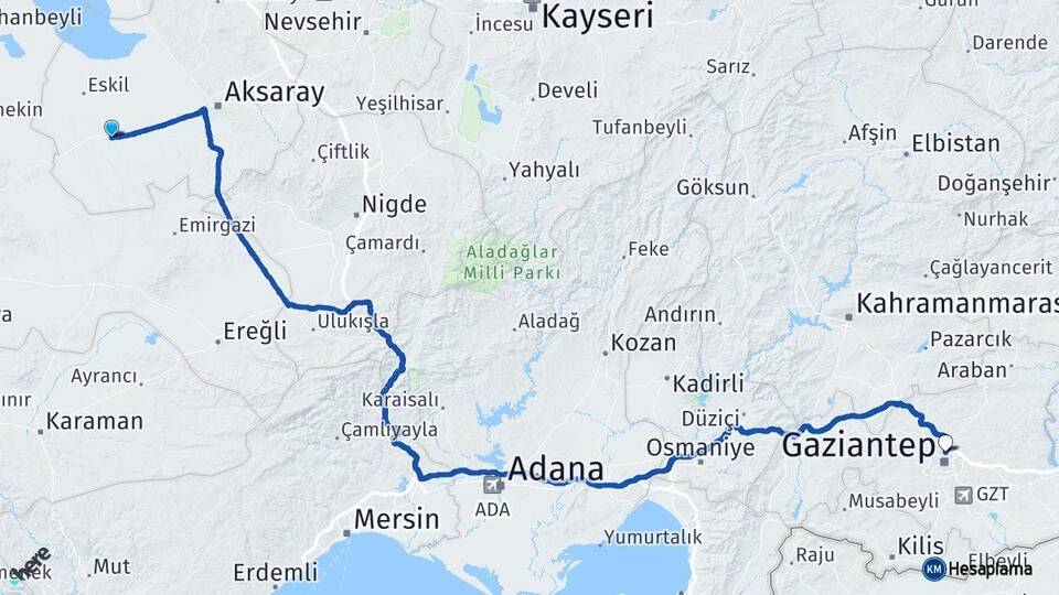 Aksaray Sultanhanı Gaziantep Arası Kaç Km - Yol Haritası