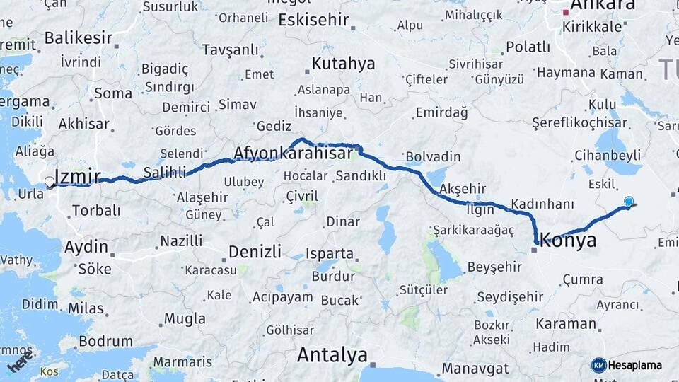 Aksaray Sultanhanı İzmir Arası Kaç Km - Yol Haritası