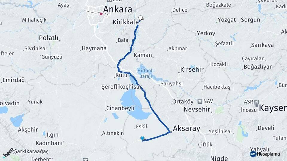 Aksaray Sultanhanı Kırıkkale Arası Kaç Km - Yol Haritası