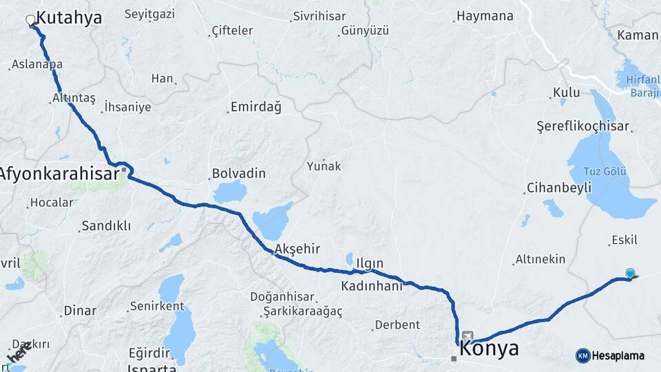 Aksaray Sultanhanı Kütahya Arası Kaç Km - Yol Haritası