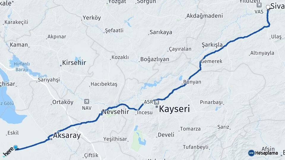 Aksaray Sultanhanı Sivas Arası Kaç Km - Yol Haritası
