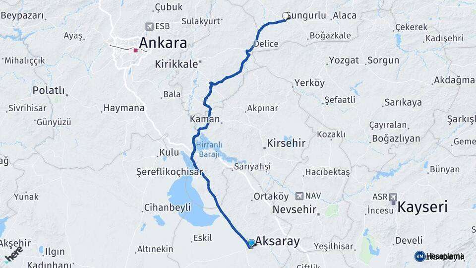 Aksaray Sungurlu Çorum Arası Kaç Km - Yol Haritası