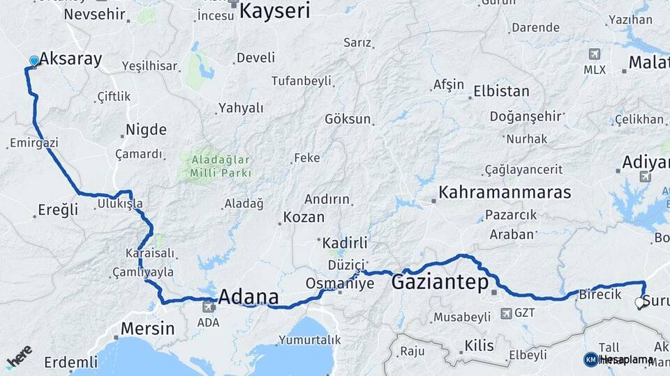 Aksaray Suruç Şanlıurfa Arası Kaç Km - Yol Haritası