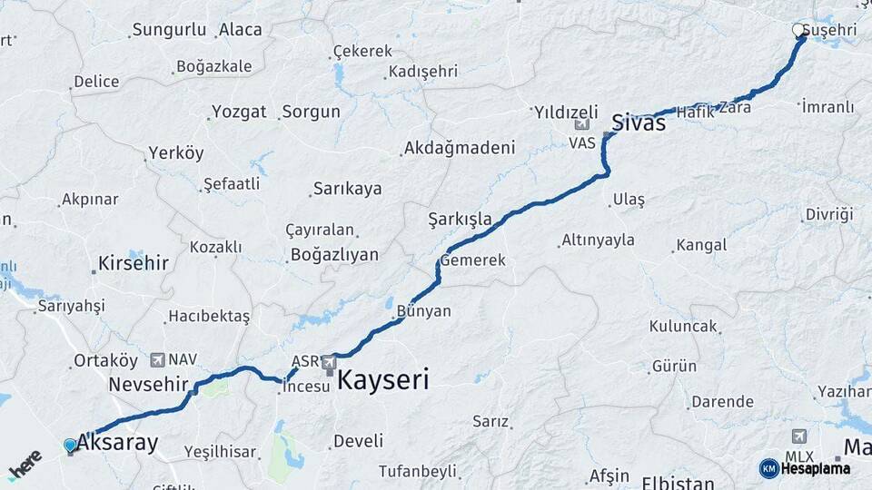 Aksaray Suşehri Sivas Arası Kaç Km - Yol Haritası