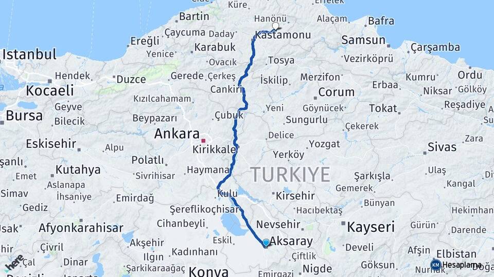 Aksaray Taşköprü Kastamonu Arası Kaç Km - Yol Haritası