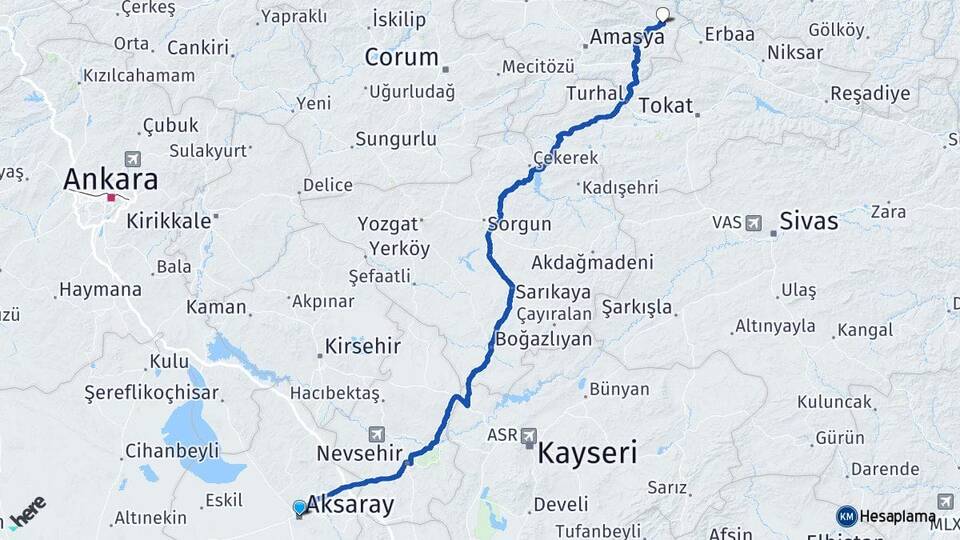 Aksaray Taşova Amasya Arası Kaç Km - Yol Haritası