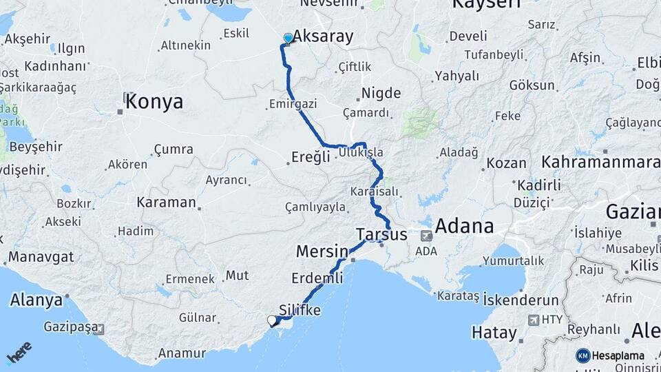 Aksaray Taşucu Silifke Mersin Arası Kaç Km - Yol Haritası