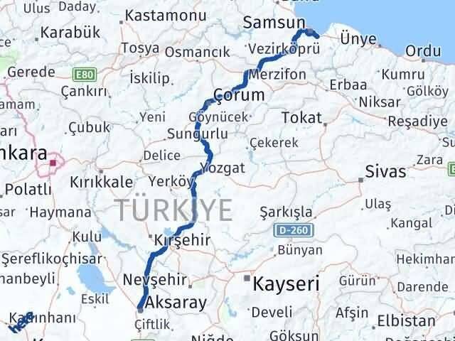 Aksaray Tekkeköy Samsun Arası Kaç Km - Yol Haritası