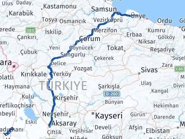Aksaray Terme Samsun Arası Kaç Km - Yol Haritası