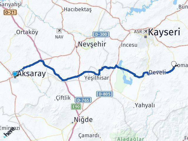 Aksaray Tomarza Kayseri Arası Kaç Km - Yol Haritası