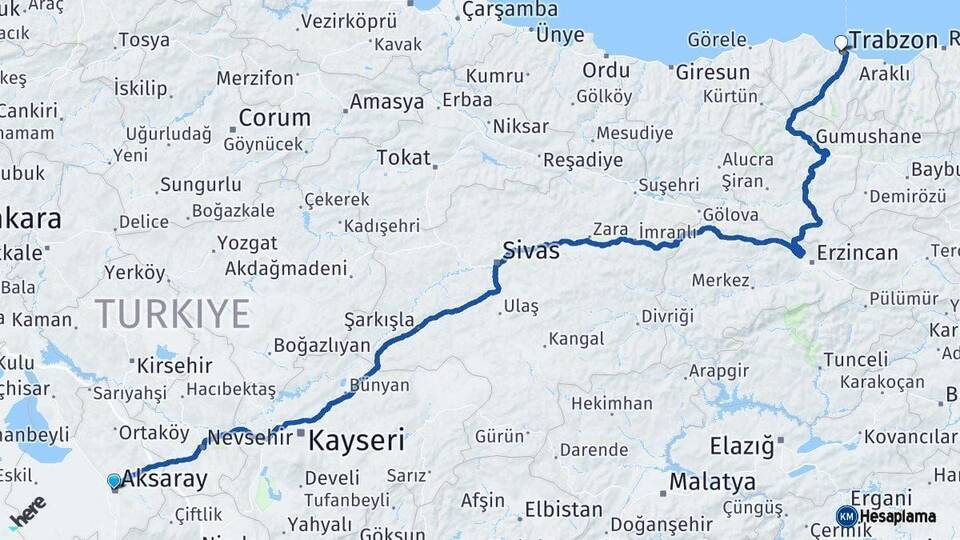 Aksaray Trabzon Arası Kaç Km - Yol Haritası