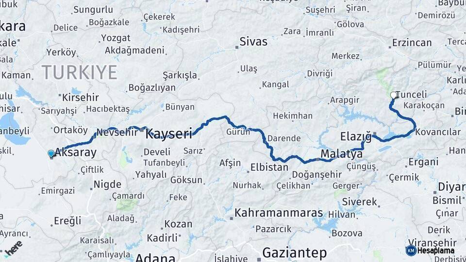 Aksaray Tunceli Arası Kaç Km - Yol Haritası