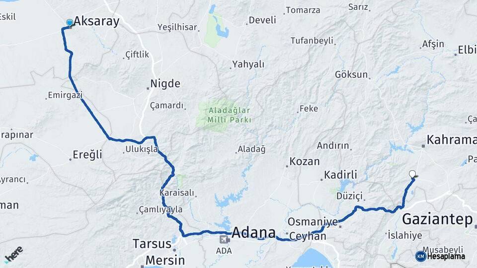 Aksaray Türkoğlu Kahramanmaraş Arası Kaç Km - Yol Haritası
