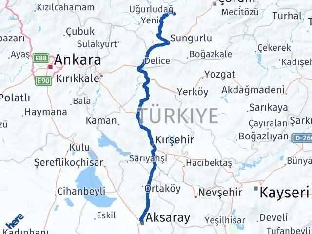 Aksaray Uğurludağ Çorum Arası Kaç Km - Yol Haritası