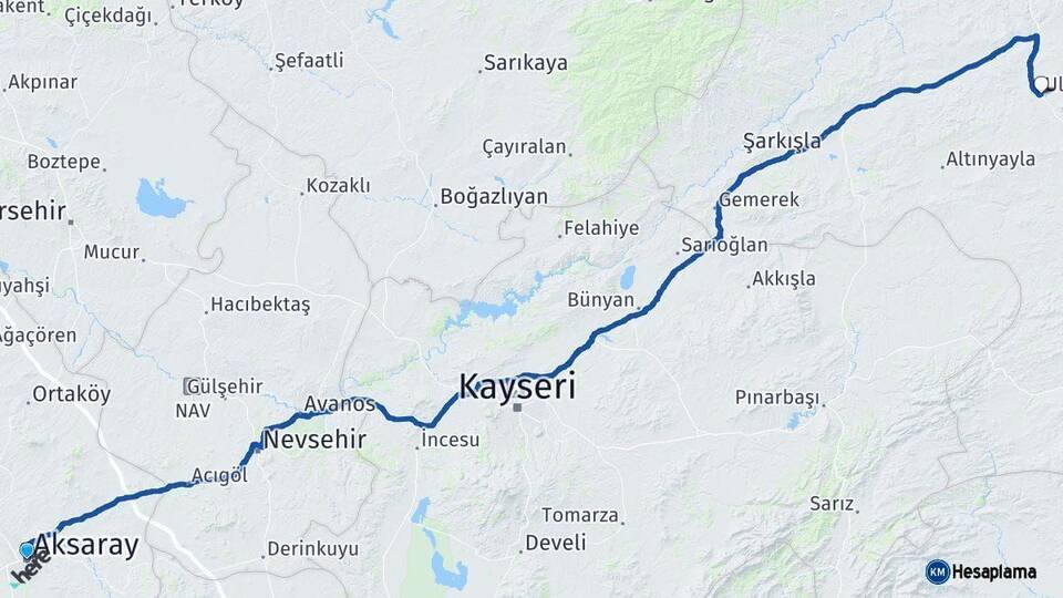 Aksaray Ulaş Sivas Arası Kaç Km - Yol Haritası