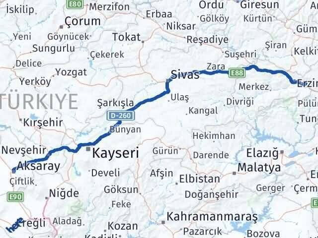 Aksaray Üzümlü Erzincan Arası Kaç Km - Yol Haritası