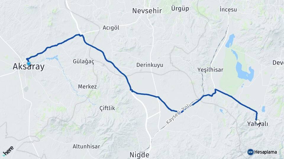Aksaray Yahyalı Kayseri Arası Kaç Km - Yol Haritası