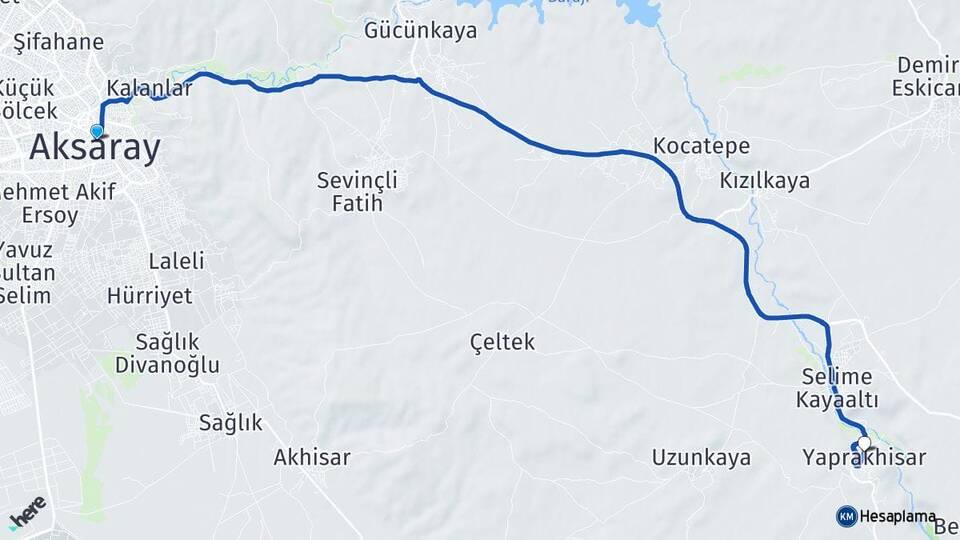 Aksaray Yaprakhisar Güzelyurt Arası Kaç Km - Yol Haritası