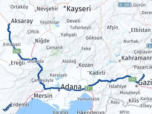 Aksaray Yavuzeli Gaziantep Arası Kaç Km - Yol Haritası