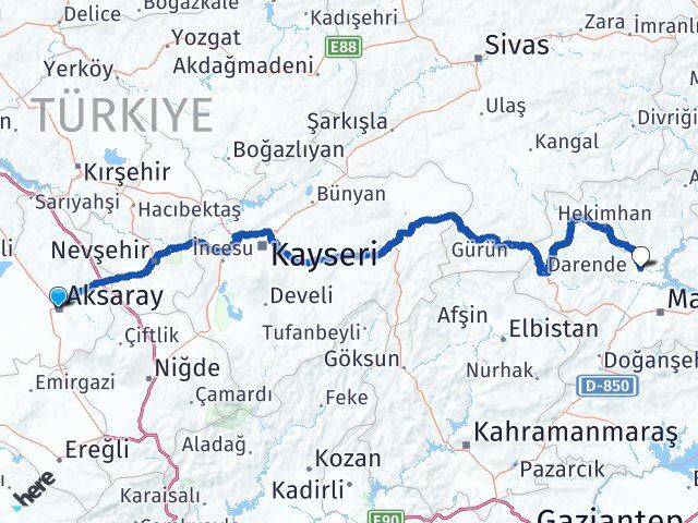 Aksaray Yazıhan Malatya Arası Kaç Km - Yol Haritası