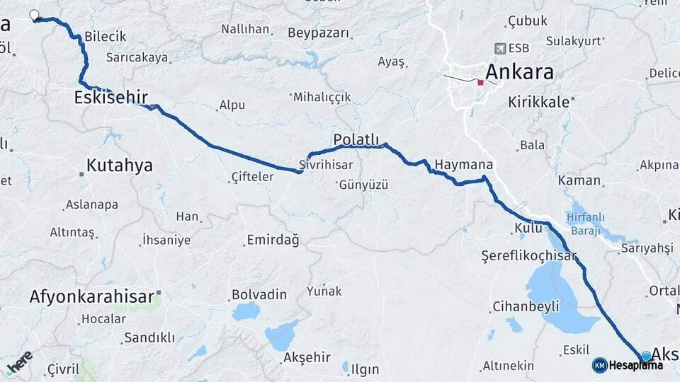 Aksaray Yenişehir Bursa Arası Kaç Km - Yol Haritası