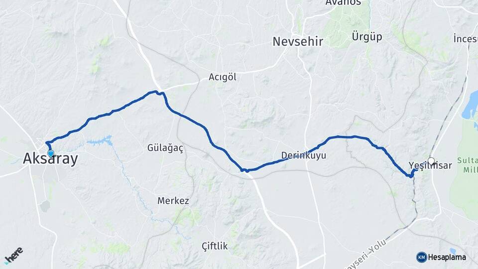 Aksaray Yeşilhisar Kayseri Arası Kaç Km - Yol Haritası