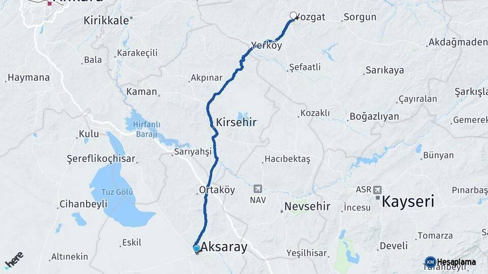 Aksaray Yozgat Arası Kaç Km - Yol Haritası