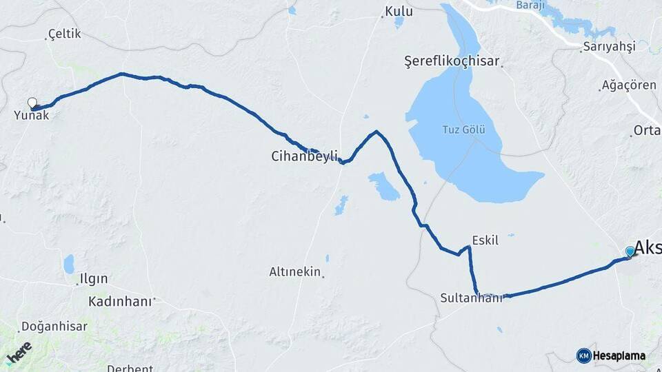 Aksaray Yunak Konya Arası Kaç Km - Yol Haritası