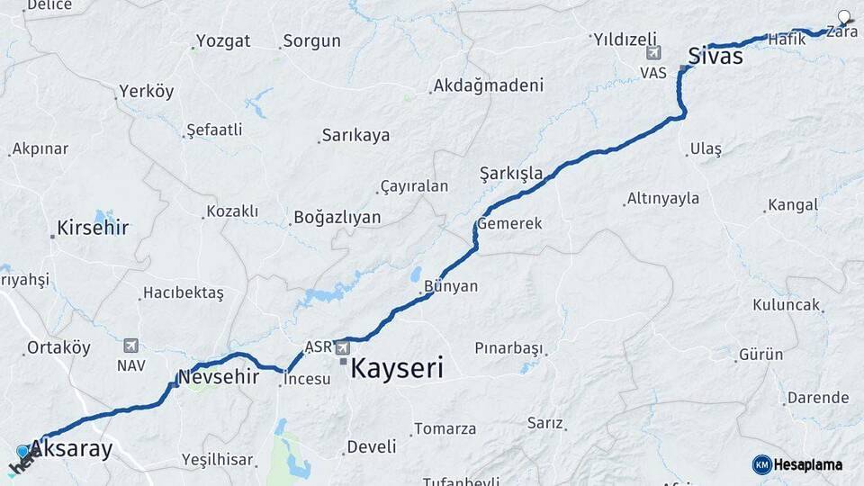 Aksaray Zara Sivas Arası Kaç Km - Yol Haritası