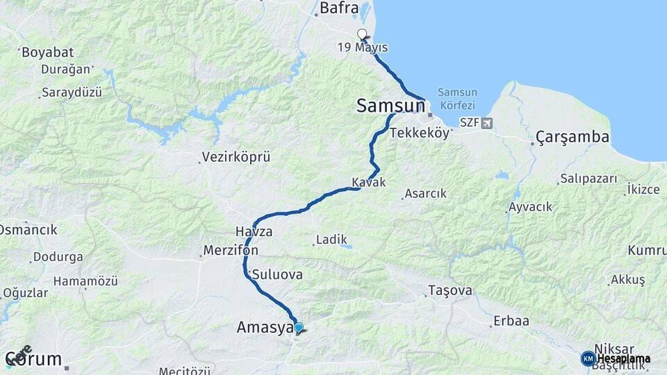 Amasya 19 Mayıs Samsun Arası Kaç Km - Yol Haritası